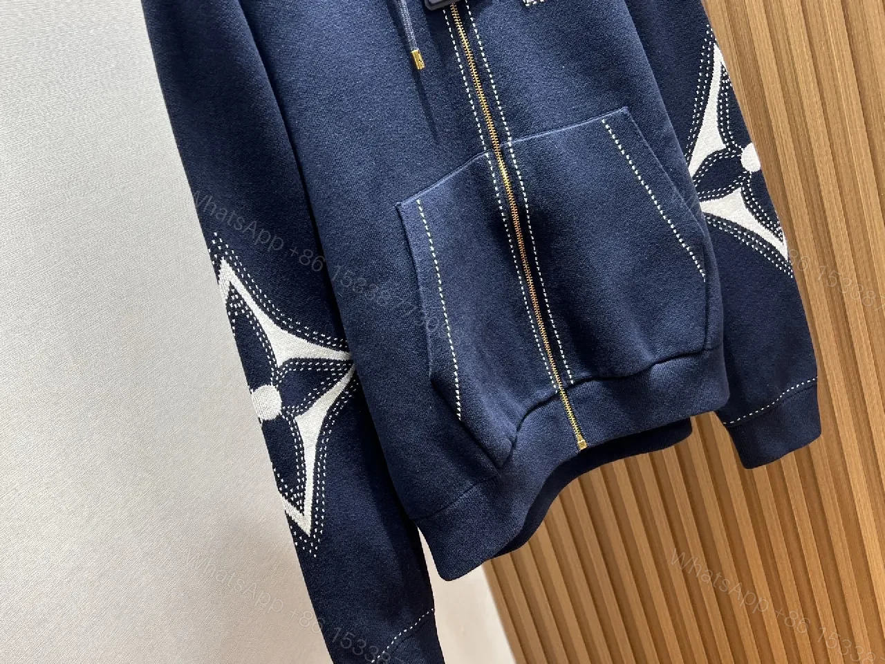 View 9 of Navy Denim Hoodie Jacket with LV Embroidery – Modern Luxe Outerwear