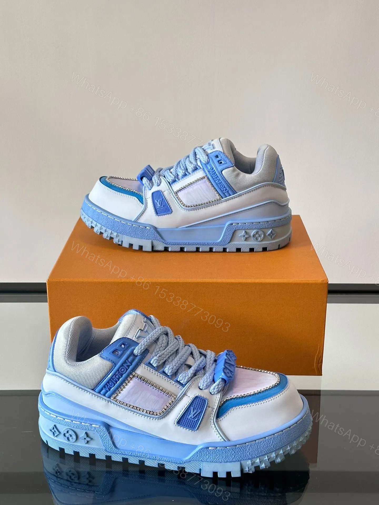 View 4 of LV Men Light Blue Leather And Fabric Sneakers