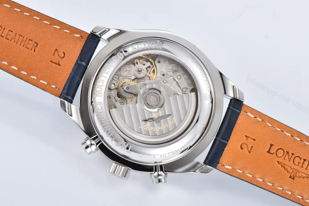 View 9 of Longines Master Collection Moonphase Chronograph Watch 42mm Blue Dial Stainless Steel Case Leather Strap