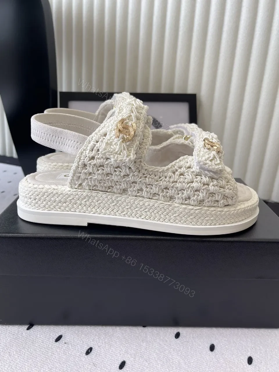 View 8 of Ivory Knit Sandals with Gold Logo - Couture-Style Comfort