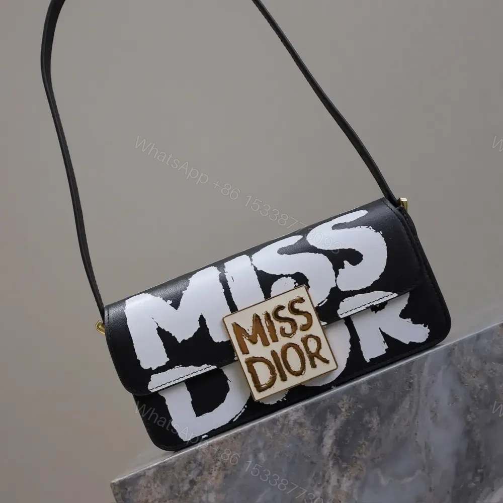 View 2 of 高仿Dior*Miss系列M261M911小牛皮塗鴉字面腋下包黑色免檢版