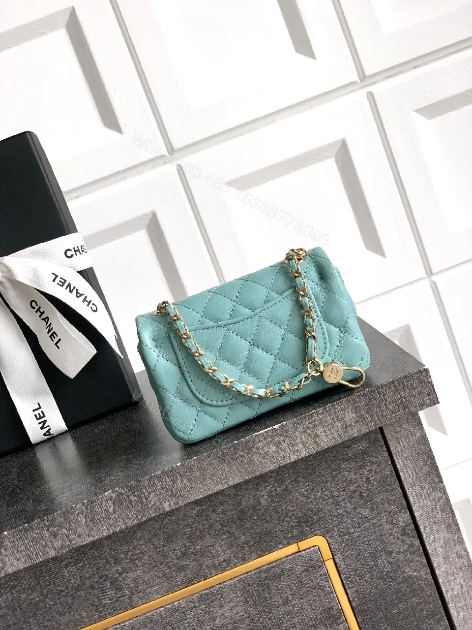 View 8 of Pastel Aqua Quilted Mini Bag with Pearl Charm (Chic)