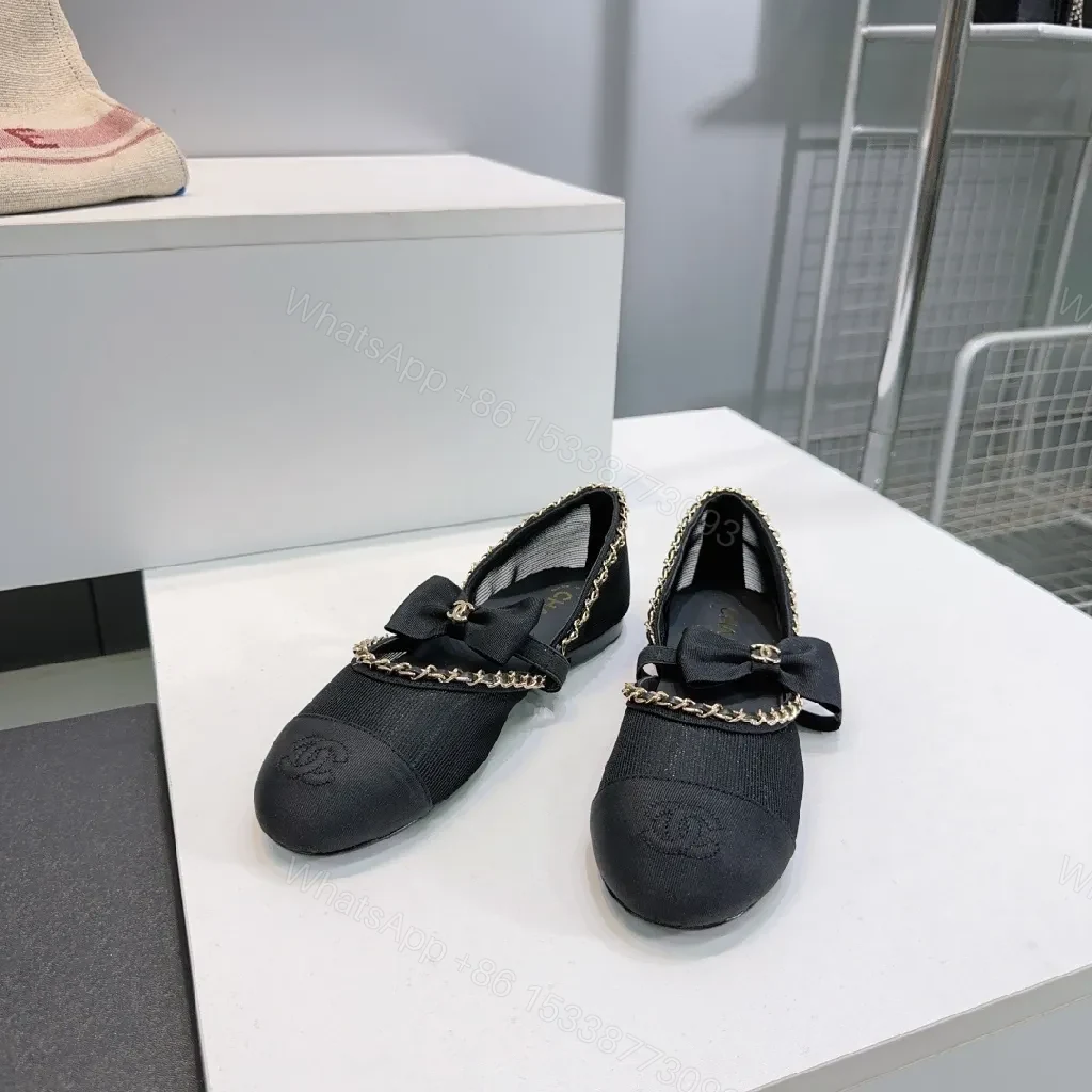 View 4 of Black Satin Bow Flat with Gold Chain Detail, Slip-On Ballet Flat