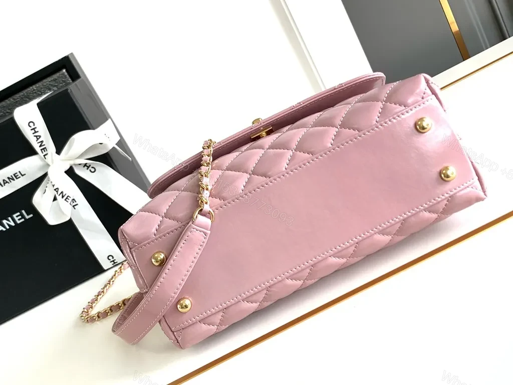 View 5 of Soft-Gloss Quilted Pink Handbag with Gold Chain Top Handle