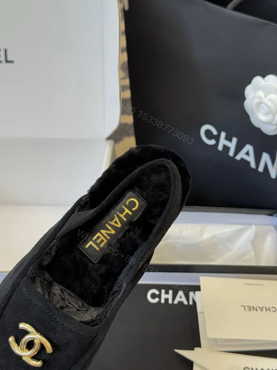 View 2 of Velvet Black Loafers with Gold Logo - Luxe Silhouette