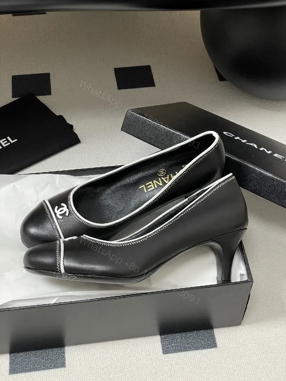 View 2 of Black Leather Heels - White Piping, Logo Detail, 2.5" Heel