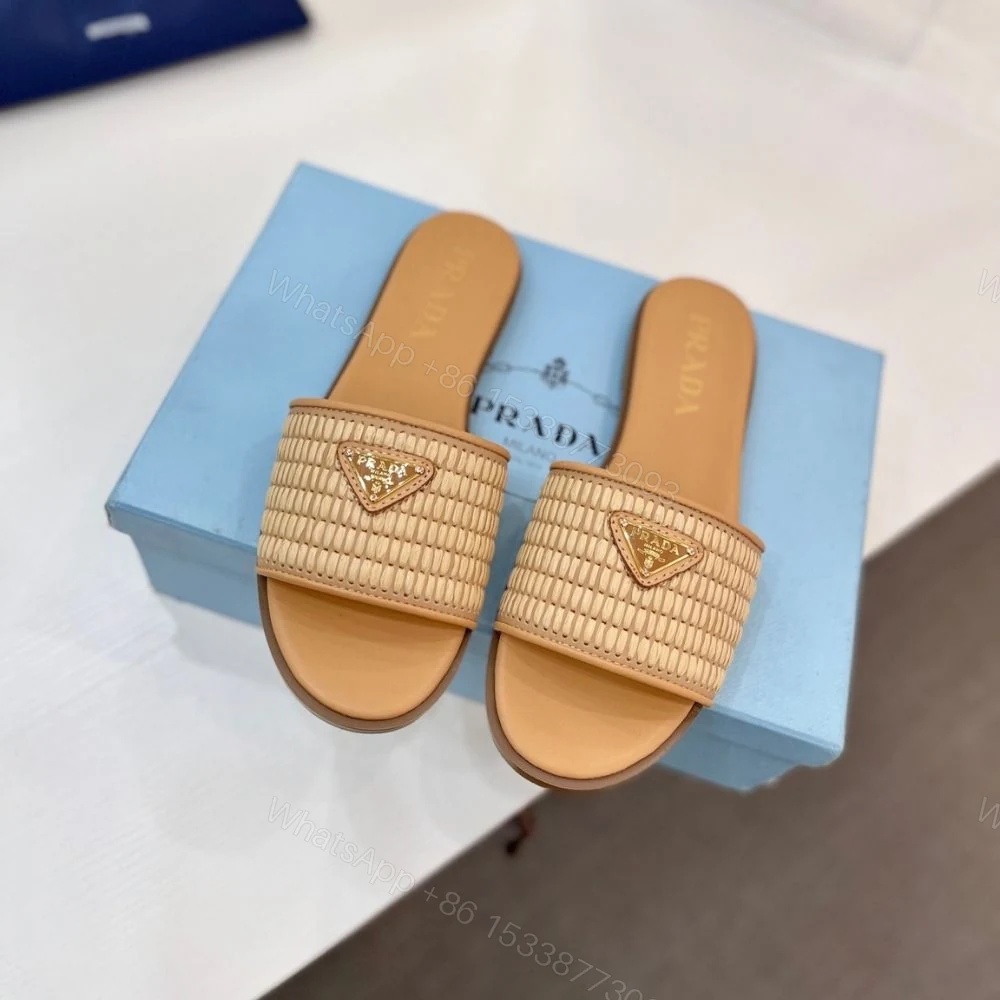 View 4 of Prada Leather Slides With Crochet Details Natural