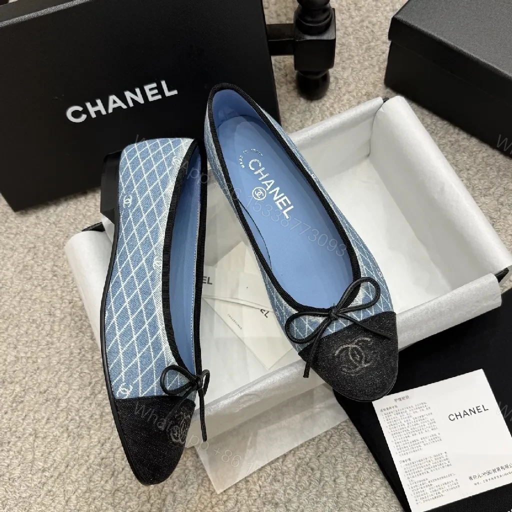 View 5 of Denim-Texture Pointed-Toe Flats with Monogram Detail – Luxe Everyday Style