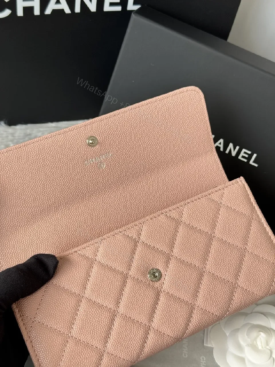 View 5 of Soft Pink Quilted Wallet with Silver Emblem - Compact Luxury Wallet