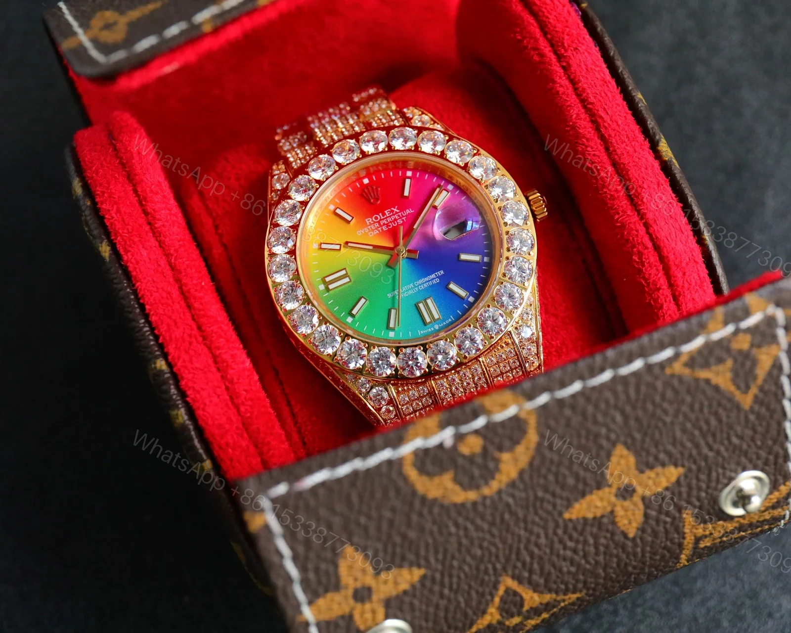View 5 of Rolex Day-Date Rainbow Iced Replica 42MM Premium Full Gold Bracelet Rainbow Dial Edition ROLEX-DD-RAINBOW-ICED-FULL-GOLD-42
