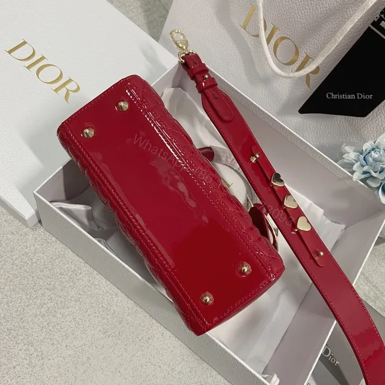 View 7 of Glossy Red Dior-Style Structured Handbag with Gold Hardware