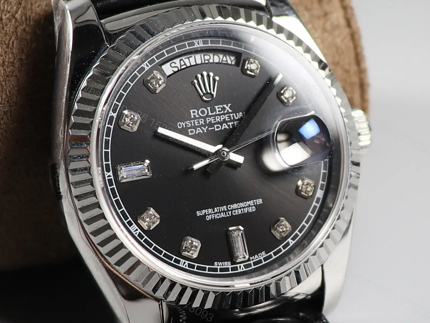 Fake Rolex Day-Date Black Diamond White Gold 218239-ROLEX-DD36-WG-BLK36mm — view 1