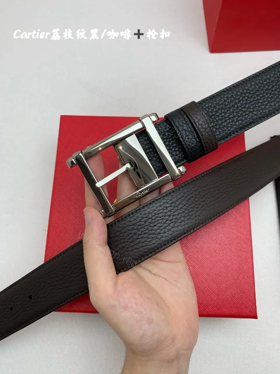 View 6 of Black Leather Belt Textured Grain with Silver Square Buckle - Cartier Style