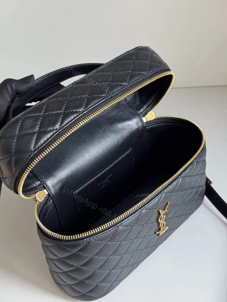 View 9 of Quilted Crossbody Bag: Black Leather, Gold-Detail, Compact Luxe
