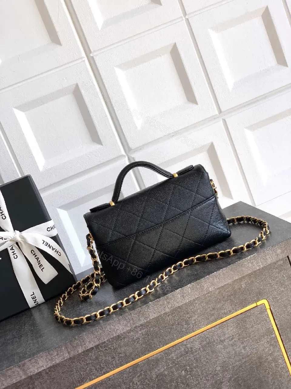 View 4 of Quilted Black Leather Bag with Gold Closure, Crossbody Glam