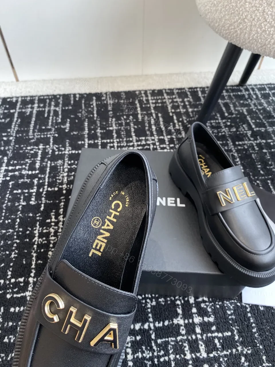 View 4 of Black Leather Loafers with Oversized Gold Logo, Luxe-Edged, Slip-On Shoes