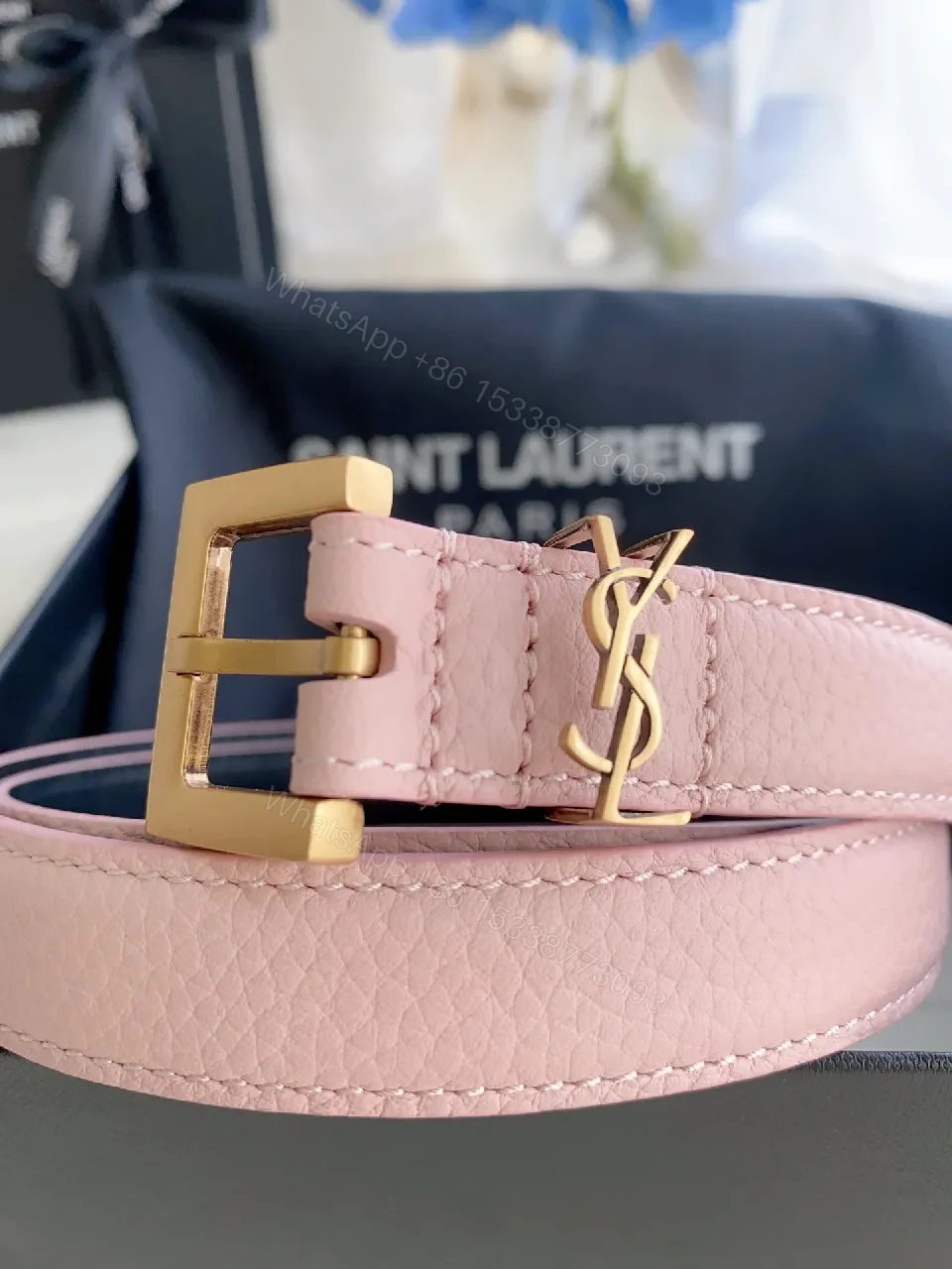 View 3 of Soft Pink Leather Belt with Gold-Tone Double T Buckle