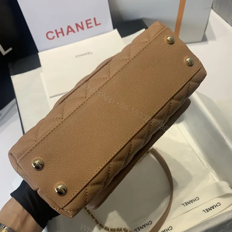View 2 of Chic Quilted Tan Leather Handbag with Chain Accent