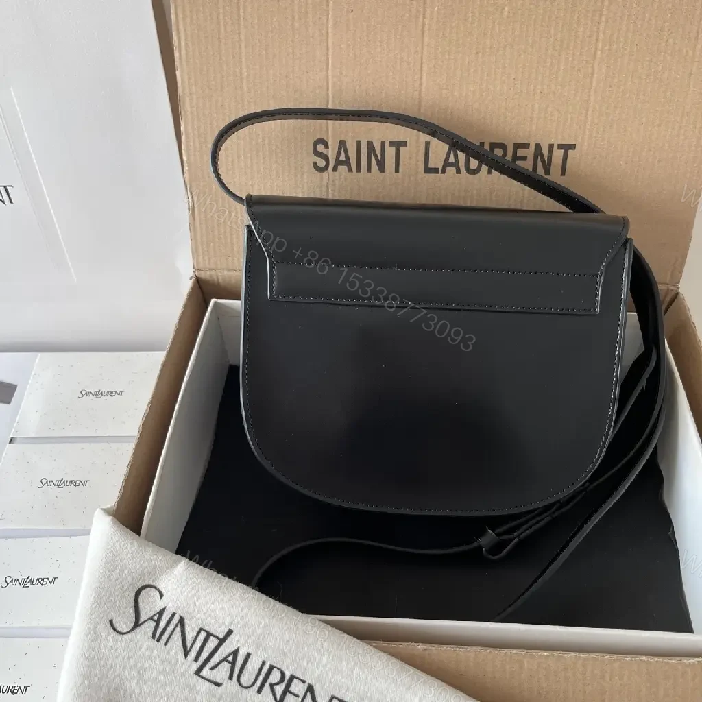 View 4 of Compact Black Leather Crossbody: Gold YSL-Inspired Minimalist Bag
