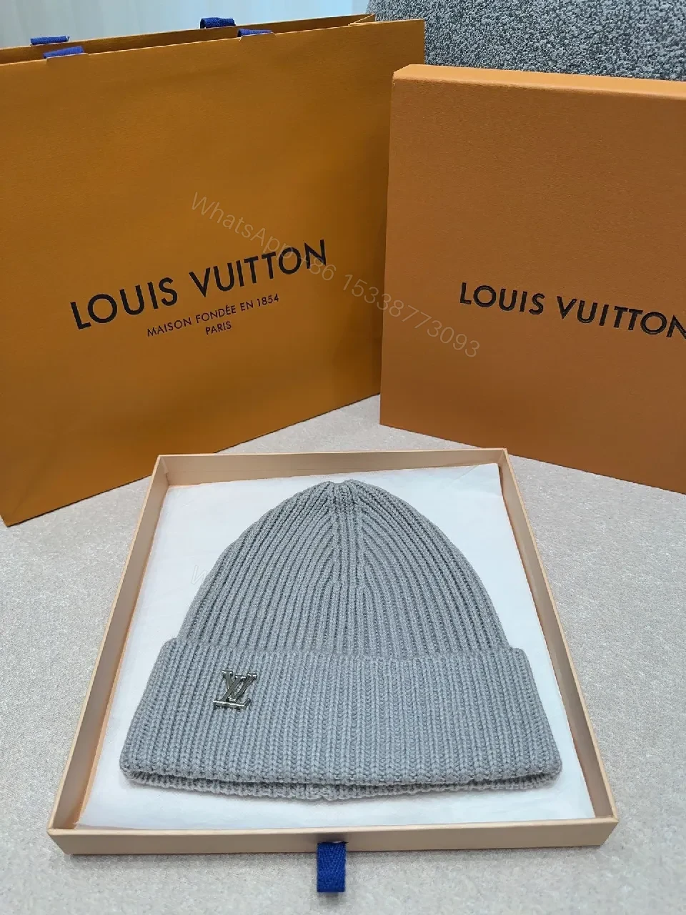 Textured Knit Beanie, Gray Wool Blend, Minimalist, Discreet Logo, Beanie — view 1