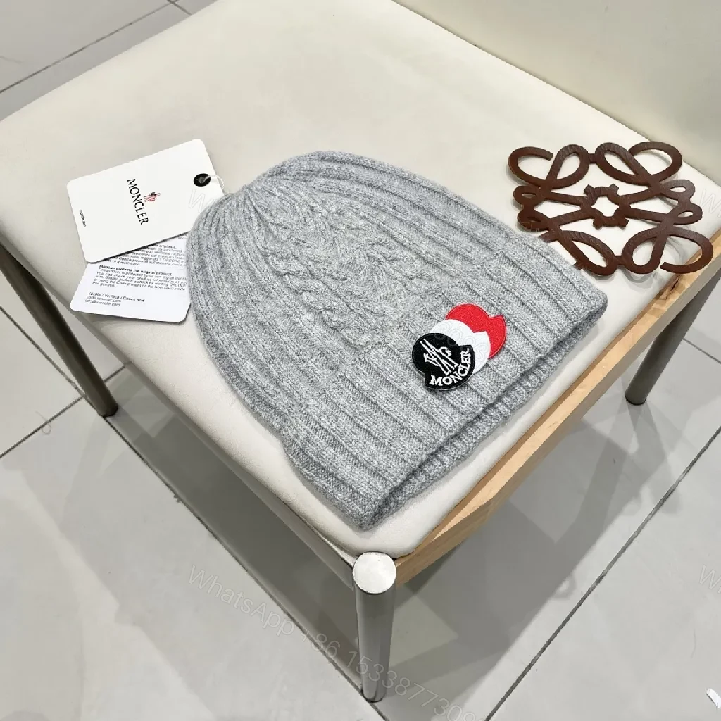 View 5 of Grey Cable Knit Beanie - Moncler-Style Logo Knit Cap