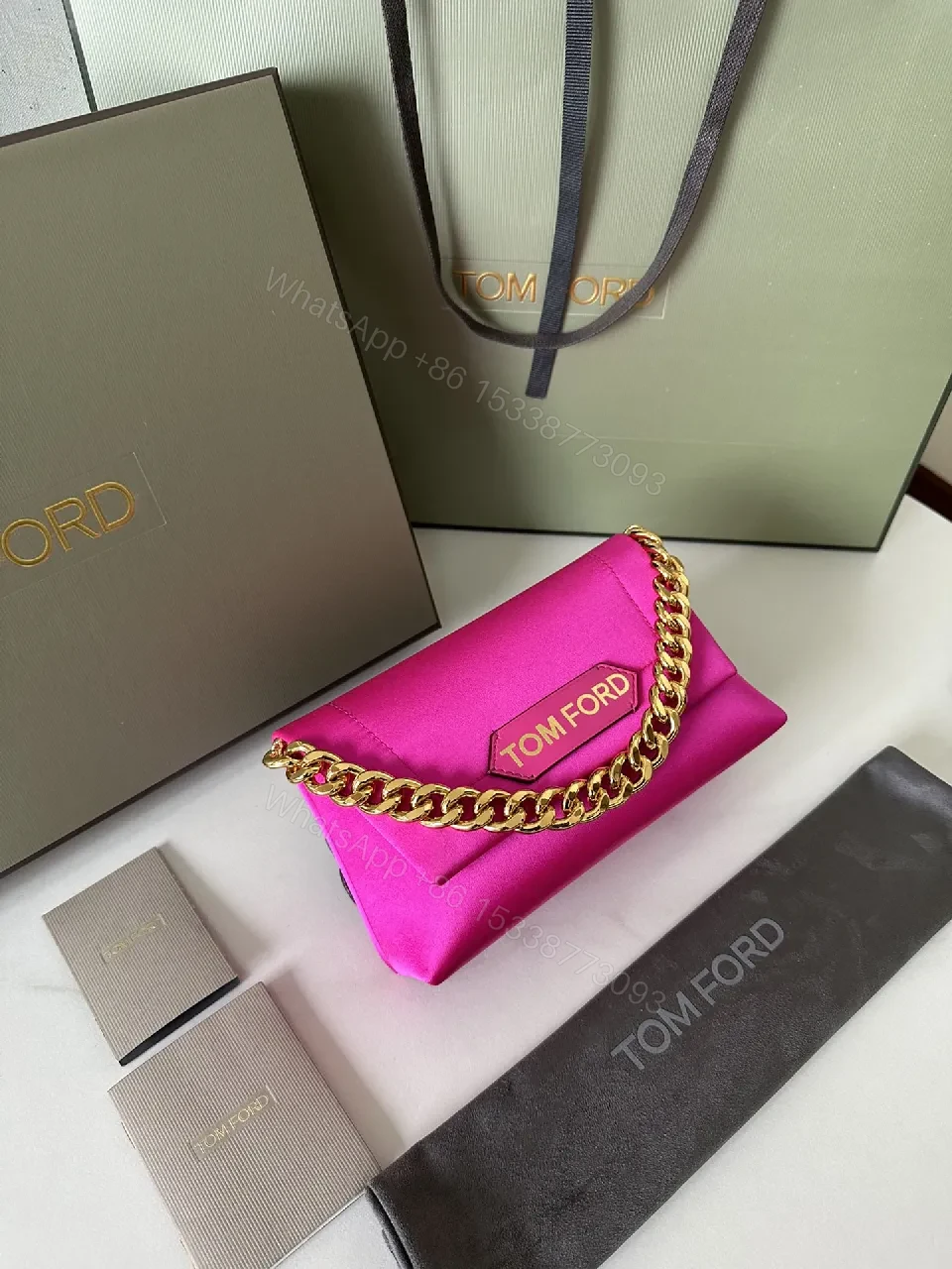 View 7 of Pink Leather Clutch + Gold Chain + Luxury Modern + Bold Statement + Clutch