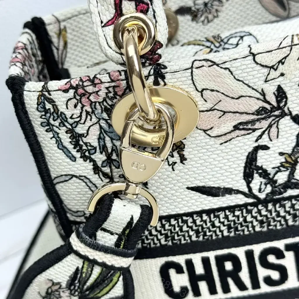View 10 of Elegant Floral Canvas Handbag with Dior Striping