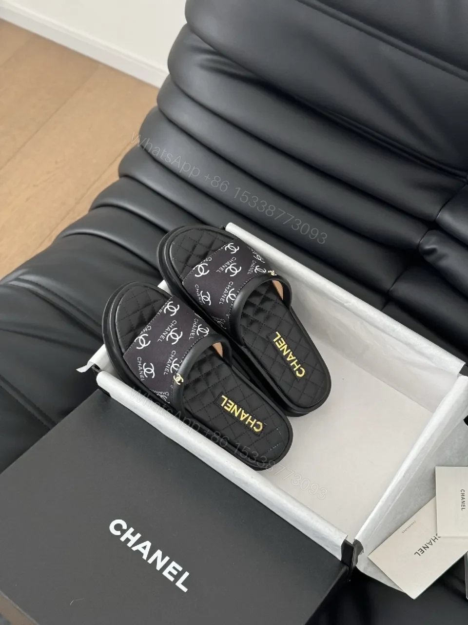 View 7 of Black quilted slide sandals, faux leather, luxe casual, cushioned footbed, slide sandal