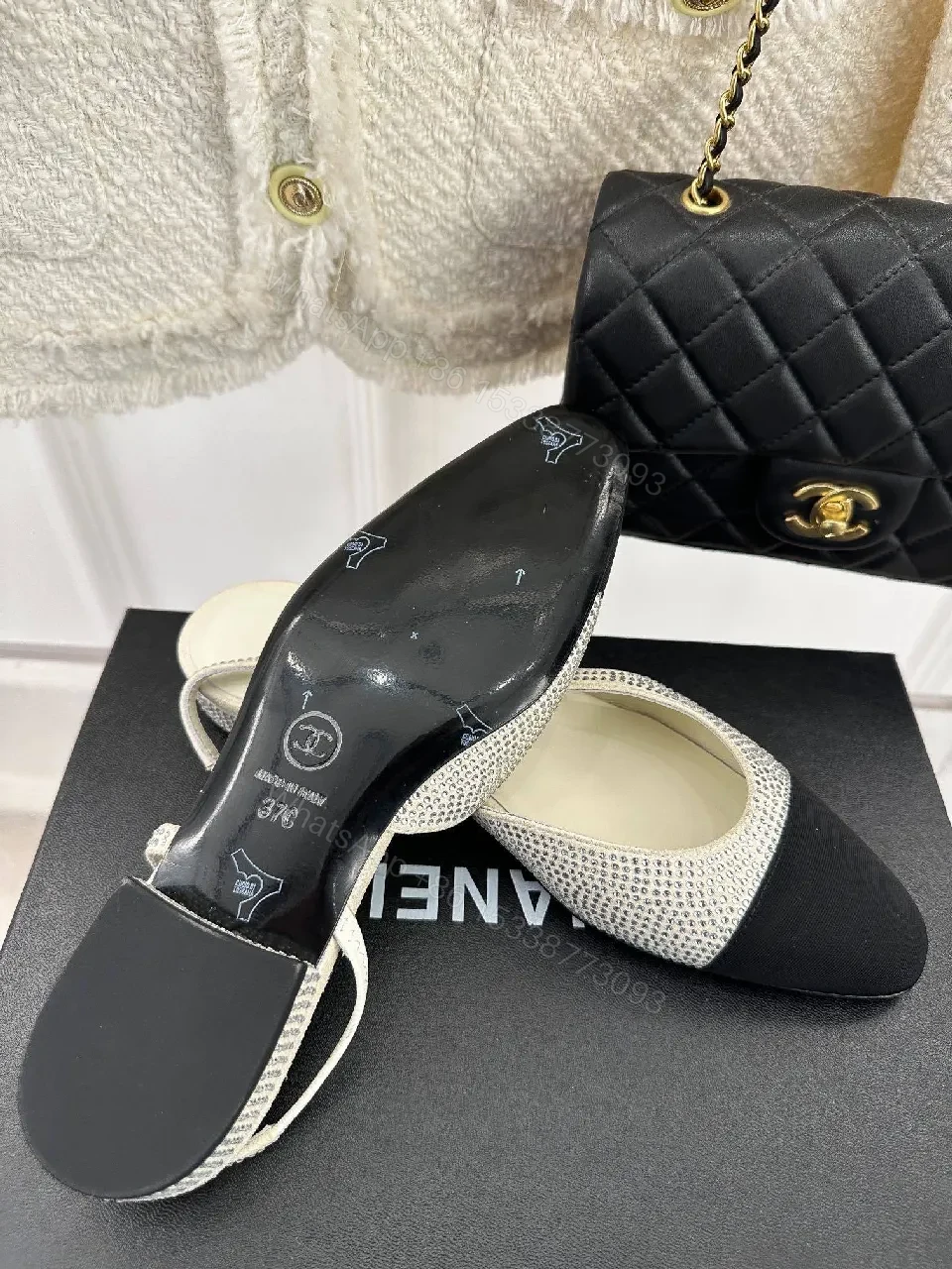 View 2 of Two-Tone Crystal Flats: Elegant Open-Back Sling Shoes