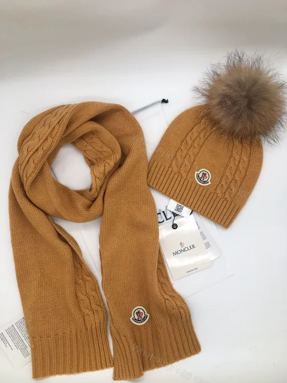 View 8 of Moncler Olive Knit Scarf & Beanie Set â€“ Premium Cable Knit with Faux Fur Pom