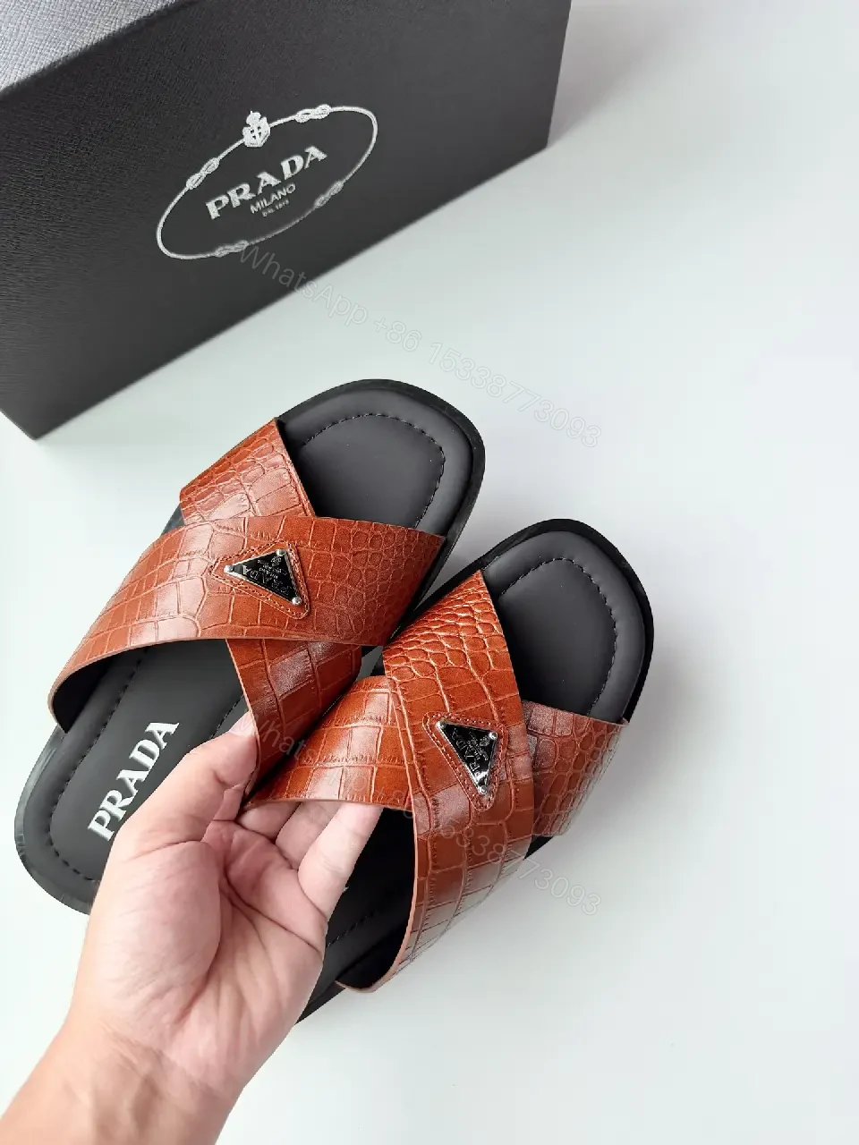 View 4 of Red Leather Crossed-Slip Prada Style Key Feature Sandals
