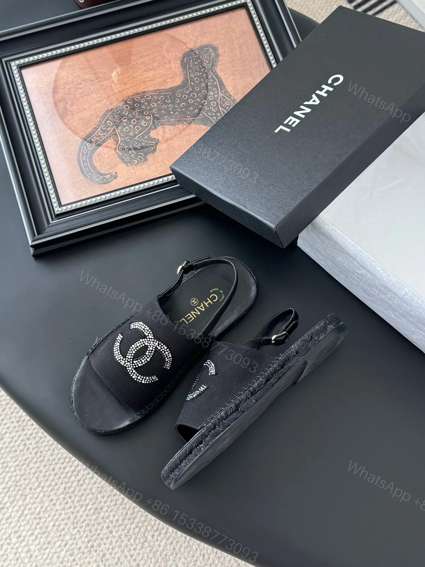View 4 of Chanel Women Black Fabric Logo Embellished Sandals