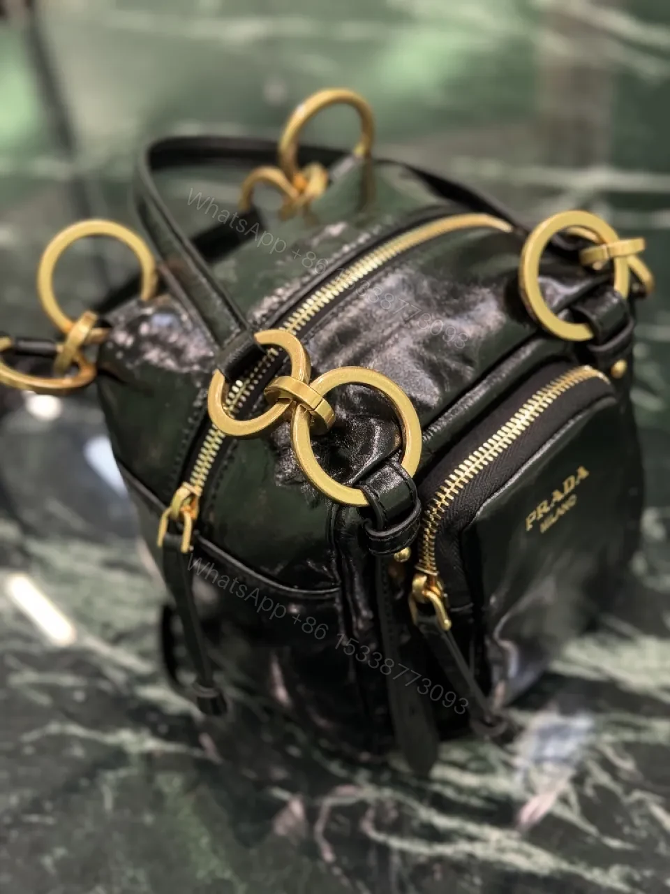 View 2 of Black Leather Compact Bag with Gold Hardware, Modern Luxe, Everyday Carry
