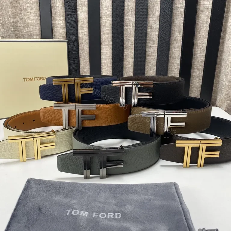 View 5 of Taupe Full-Grain Leather Belt with Signature TF Buckle