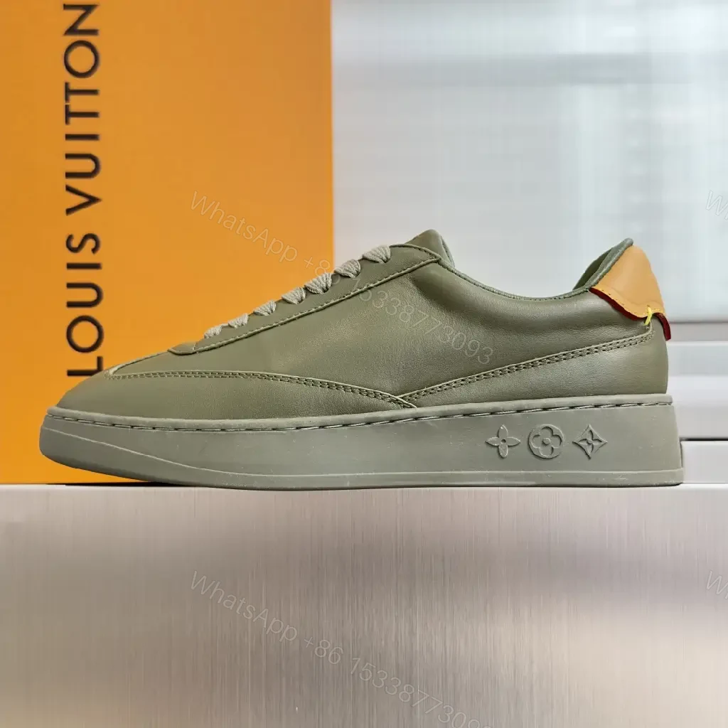 View 7 of Green Leather Sneaker, Platform Sole, Louis Vuitton Style, Monogram Accents, Casual Shoes