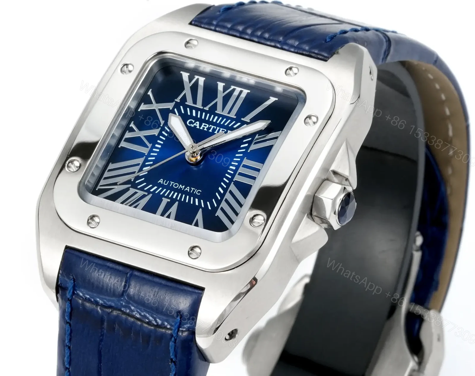 View 7 of Premium Cartier Santos 100th Anniversary replica Blue Leather Strap Edition RG-CARTIER-SANTOS-100-BLUE-LEATHER