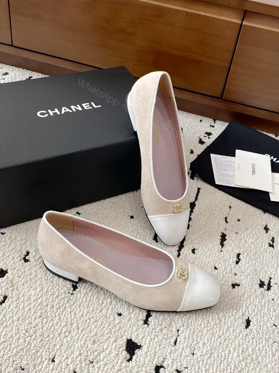 View 2 of Beige Suede Ballet Flats with White Cap Toe and Logo Hardware