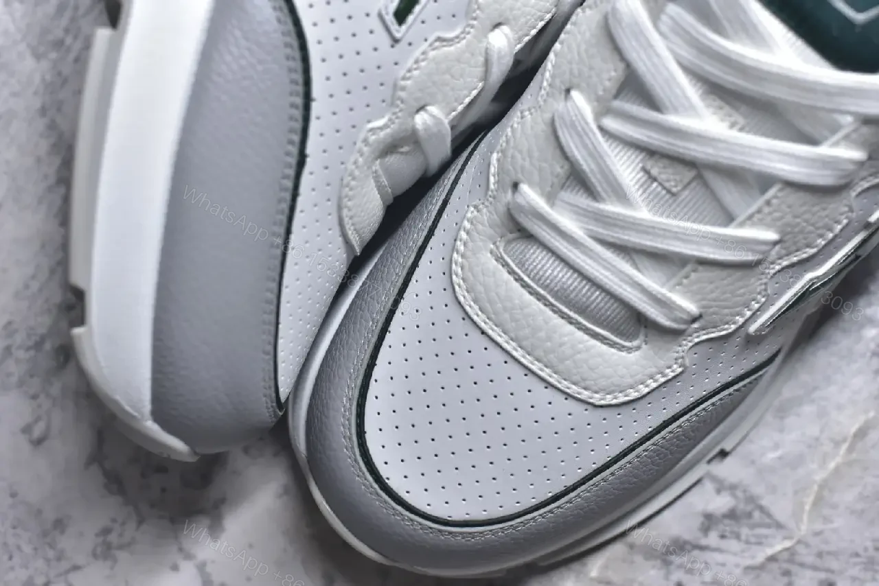 View 4 of Modern Knit-Sneaker in Grey Leather with Green Accents, Comfortable Everyday Luxury