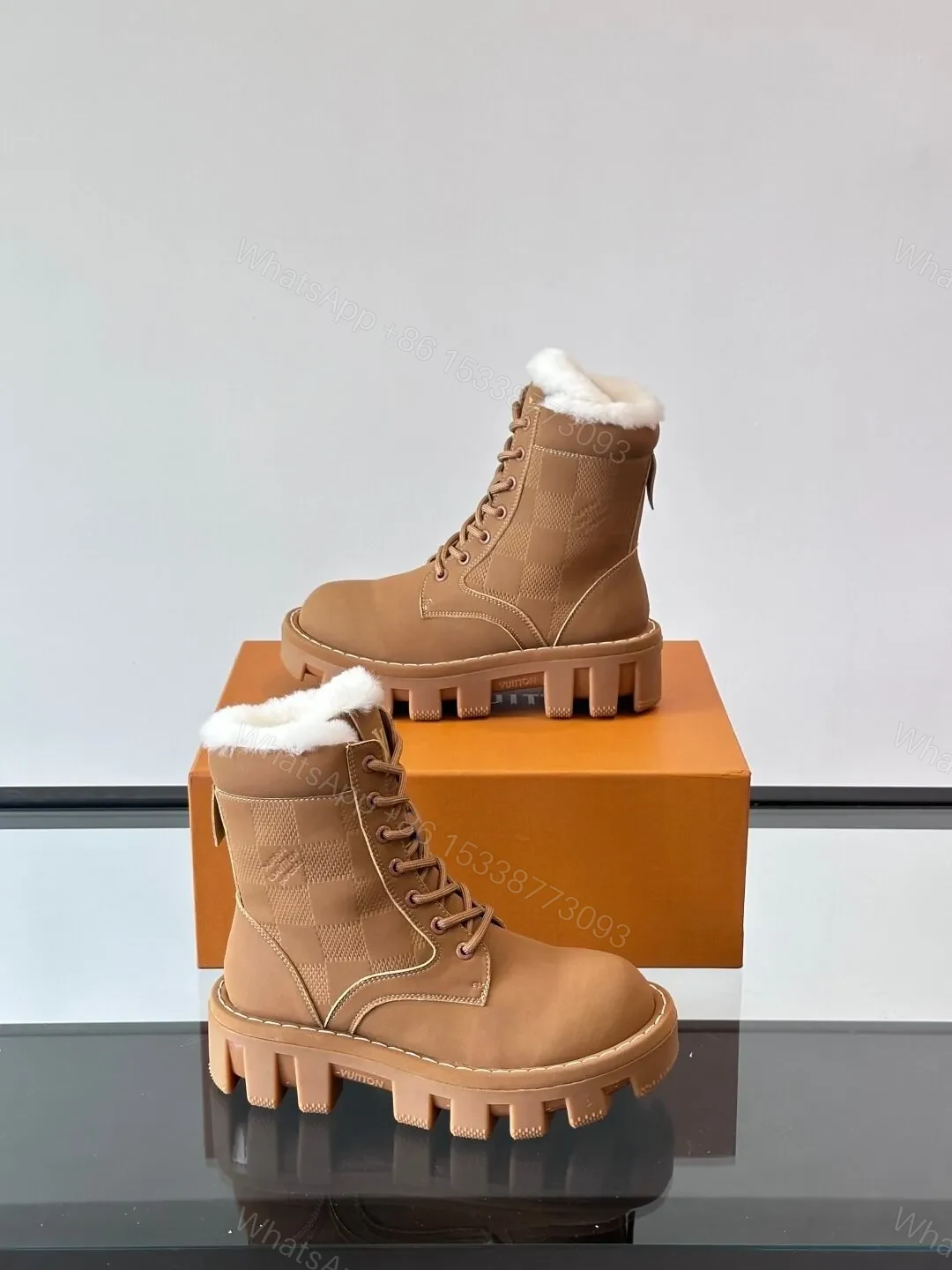 View 4 of LV Men Tan Leather Fur-Lined Boots