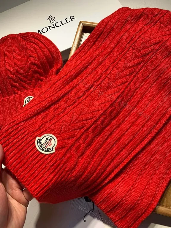 View 4 of Bold Red Knit Set: Moncler Wool Beanie & Scarf Set