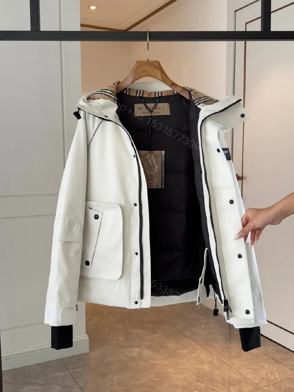 View 5 of White Weatherproof Parka with Leather Trim