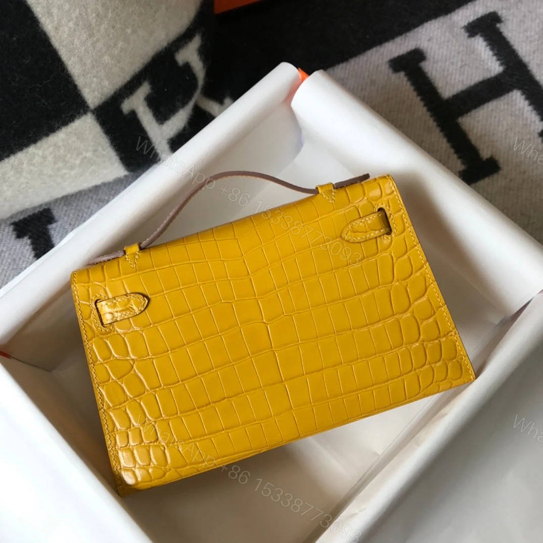 View 4 of H MINI KELLY POCHETTE CROCODILE GOLD TONED HARDWARE YELLOW 22CM