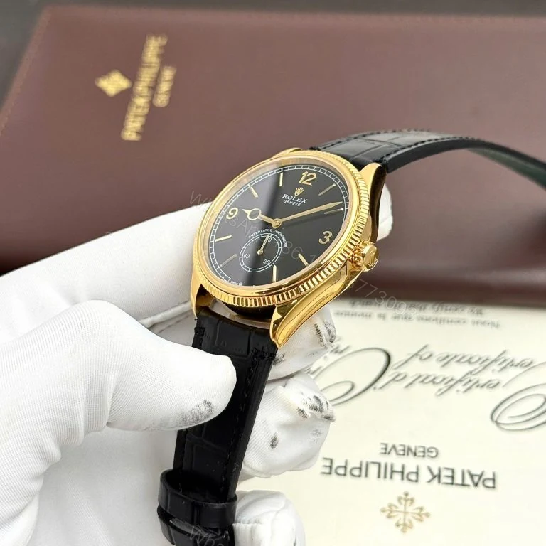 View 4 of Rolex Perpetual 1908 39mm Yellow Gold Black Dial Leather Strap Super Clone