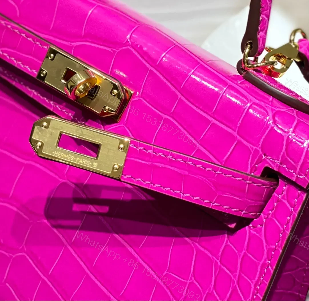 View 5 of HN MINI IN DEEP MAGENTA CROCODILE SKIN GOLD HARDWARE
