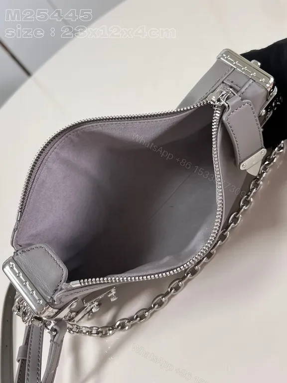 View 3 of Grey Leather Boxy Satchel, Silver Chain, LV Logo, Top Zip Bag