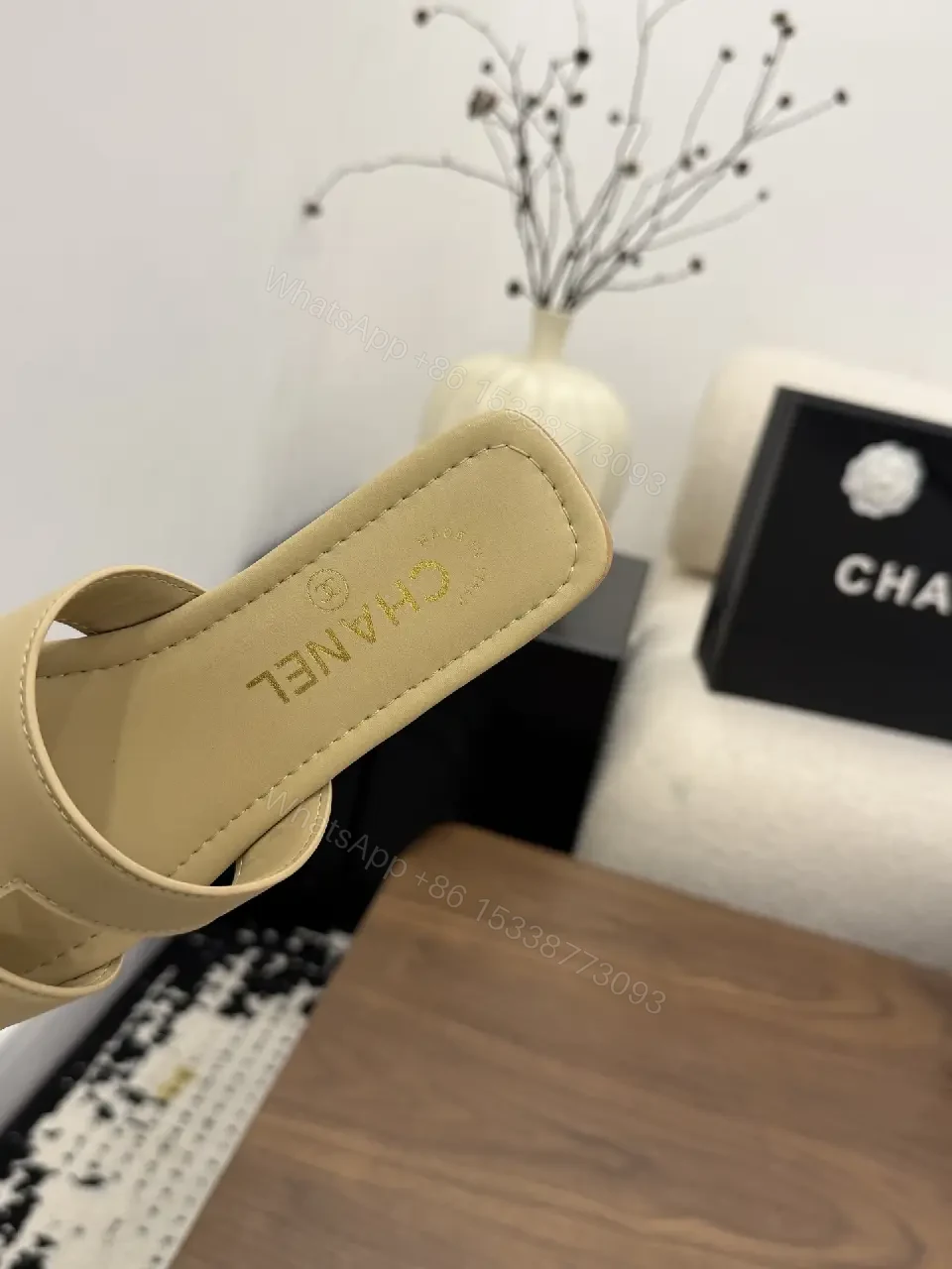 View 9 of Beige Leather Slide Sandals with Chanel Logo, Flat Heel