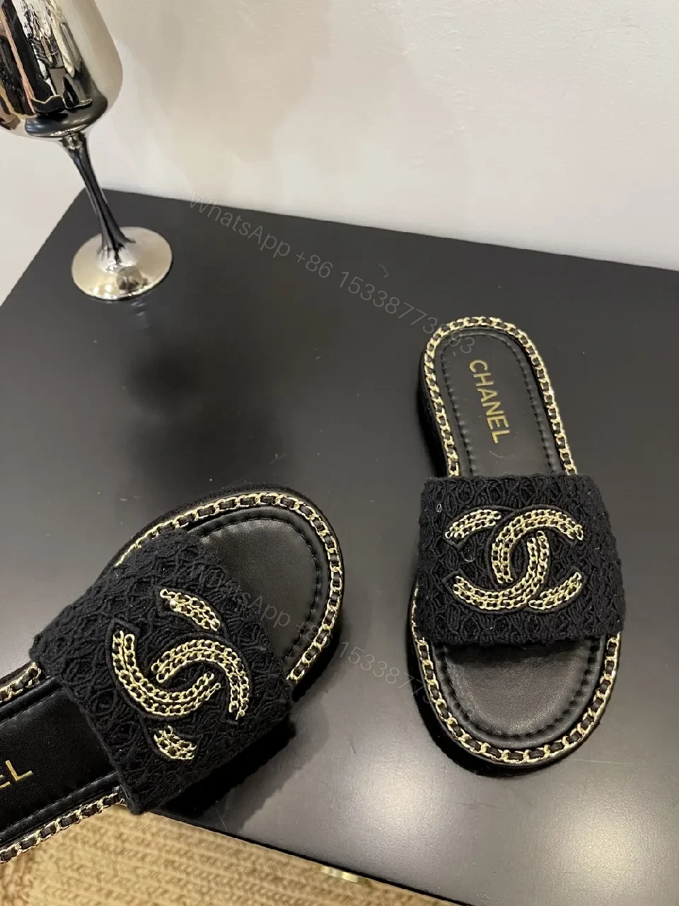 View 9 of Black Crochet Slide with Gold Chain Trim, Luxe Comfort