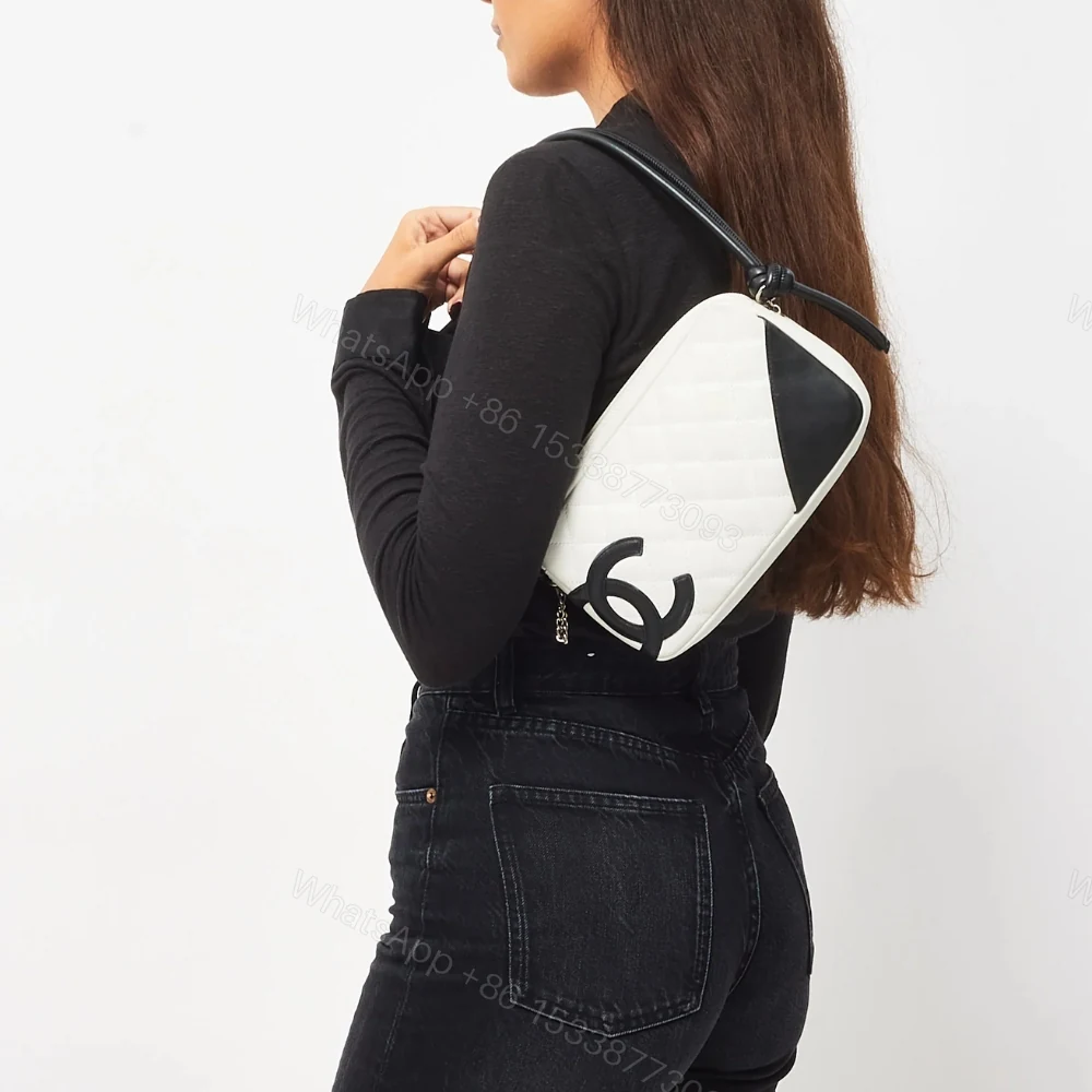 View 10 of Chanel Cambon Pochette Quilted Leather White And Black 22Cm