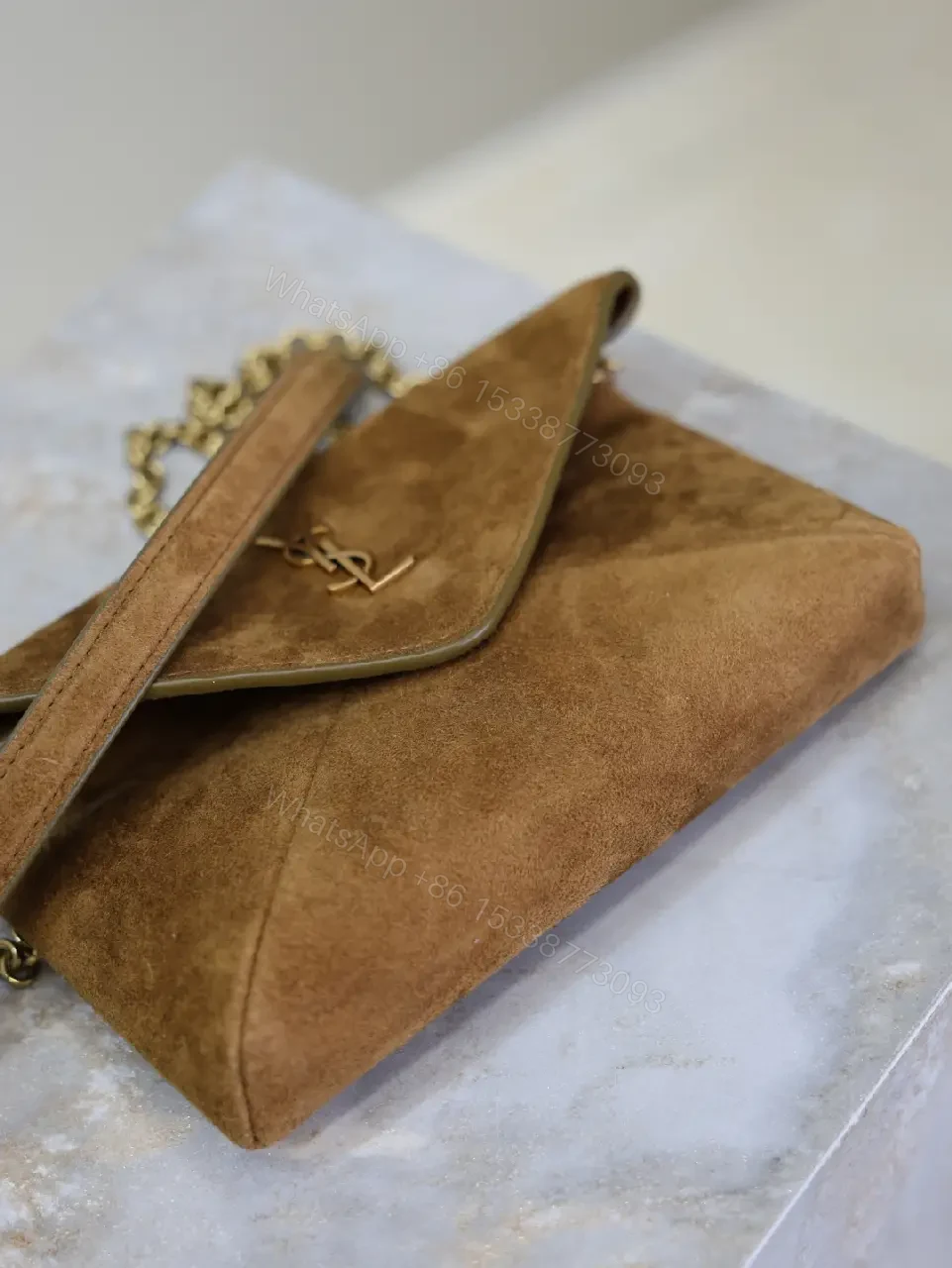 View 5 of Suede Cognac Envelope Bag with Gold Logo Clasp