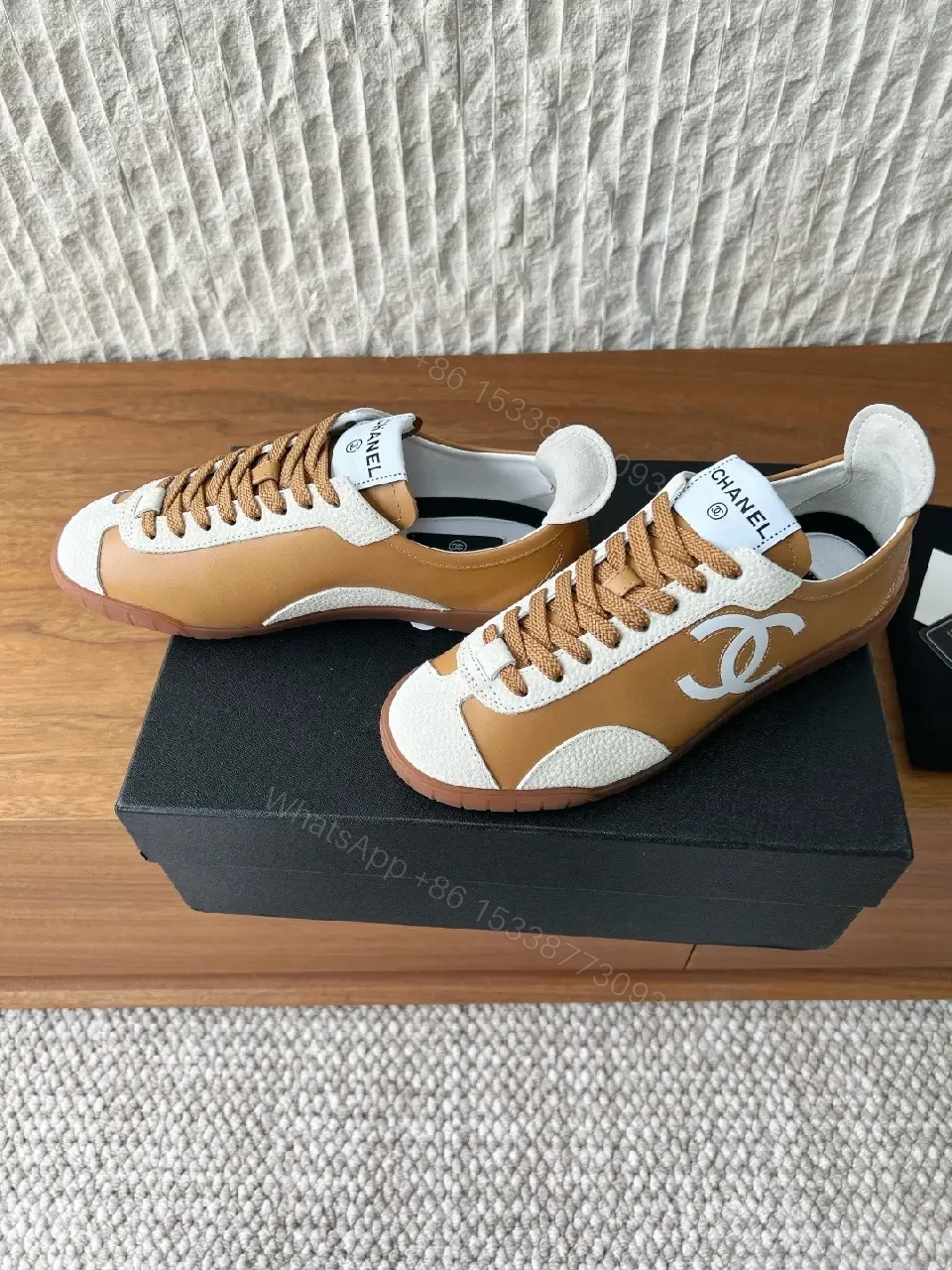 View 6 of Brown Leather High-Top Sneaker with Contrast Texture and Logo